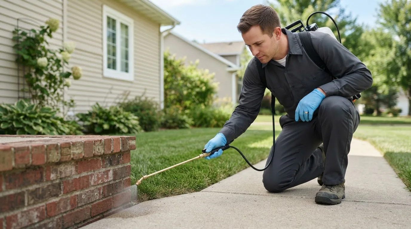 Pest control technician treating a home near Ewing, IL