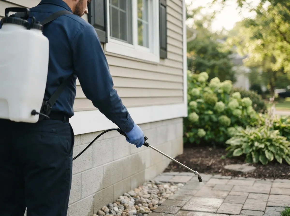 Pest control technician inspecting a home in Ewing, IL